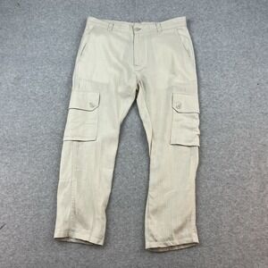 Lacoste Women's Beige Linen Blend Wide Leg Cropped Cargo Pants Size Small